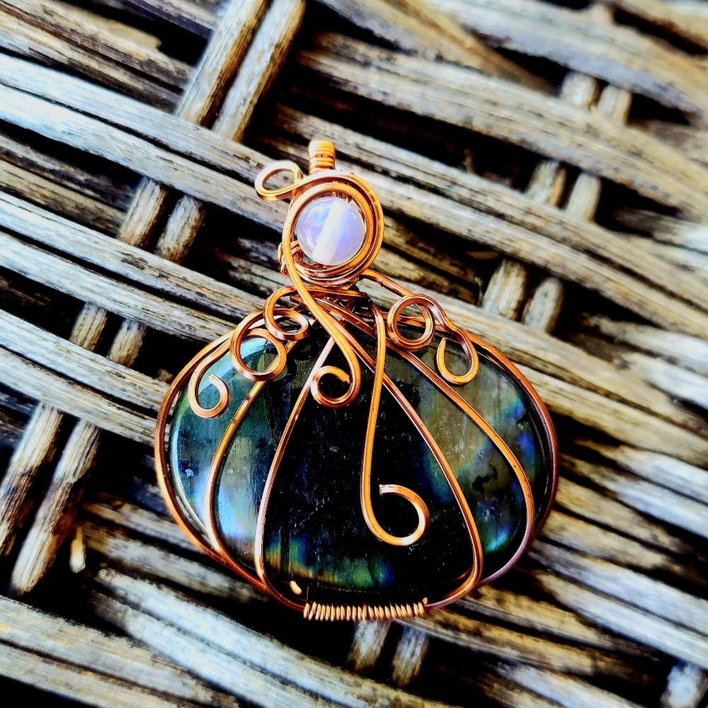 Labradorite Opalite Pumpkin Wire Wrapped Pendant - image 1